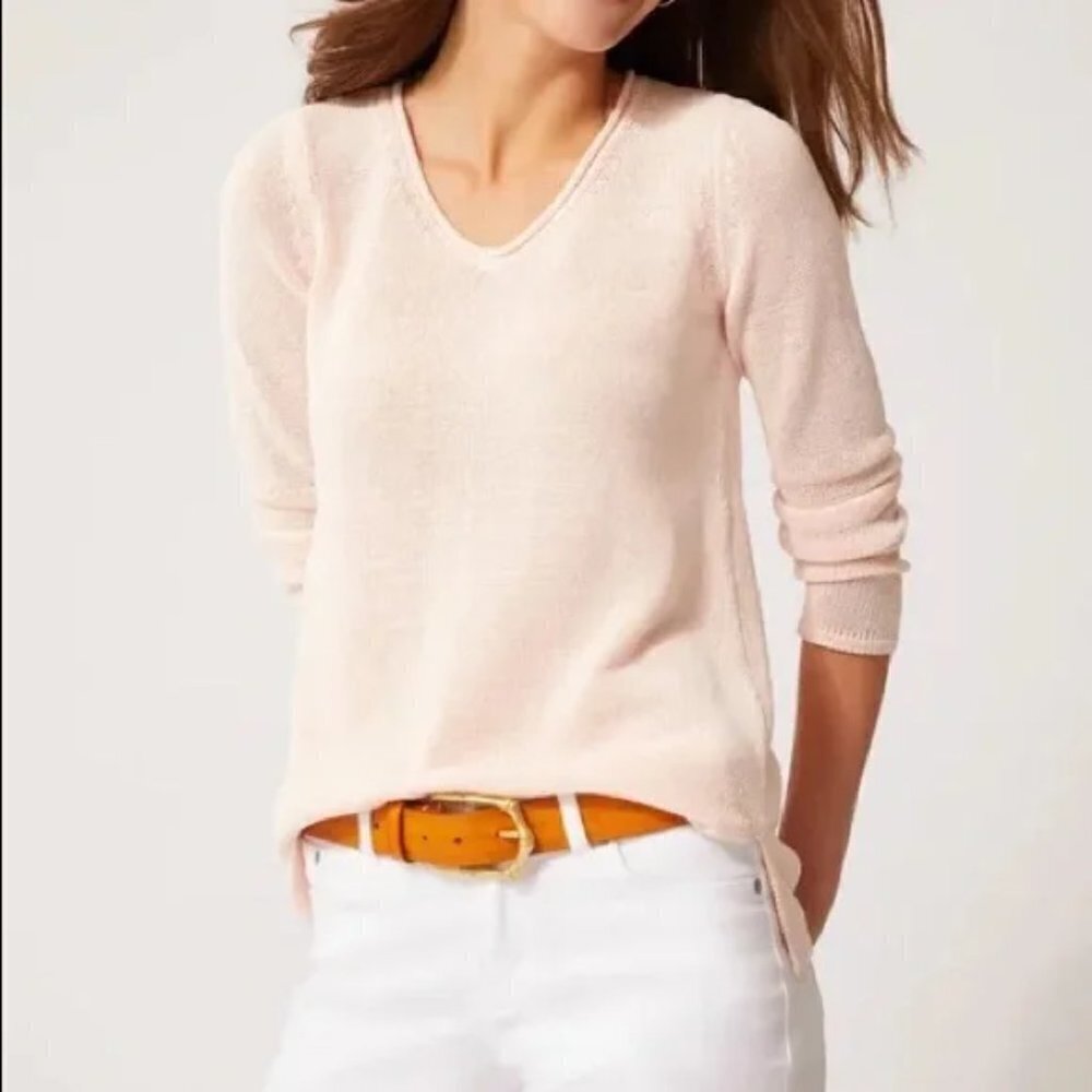 NWOT J. McLaughlin Cotton Blend Light Pink Knit V Neck Sweater Sz L